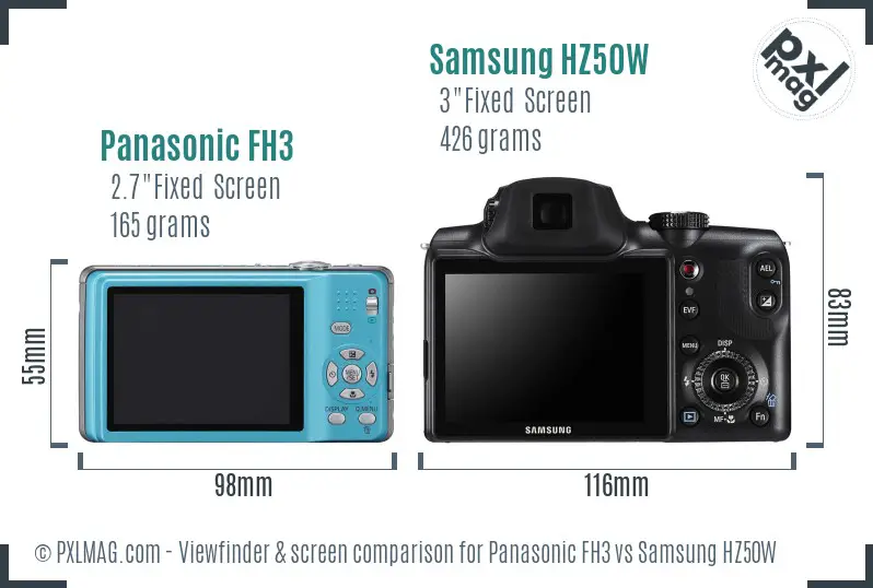 Panasonic FH3 vs Samsung HZ50W Screen and Viewfinder comparison