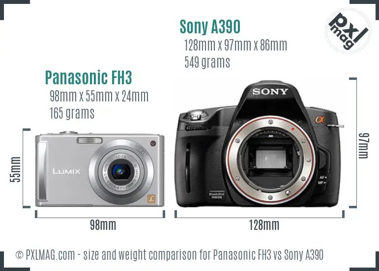 Panasonic FH3 vs Sony A390 size comparison