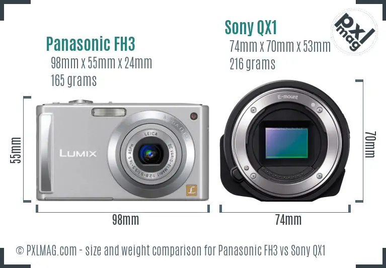 Panasonic FH3 vs Sony QX1 size comparison