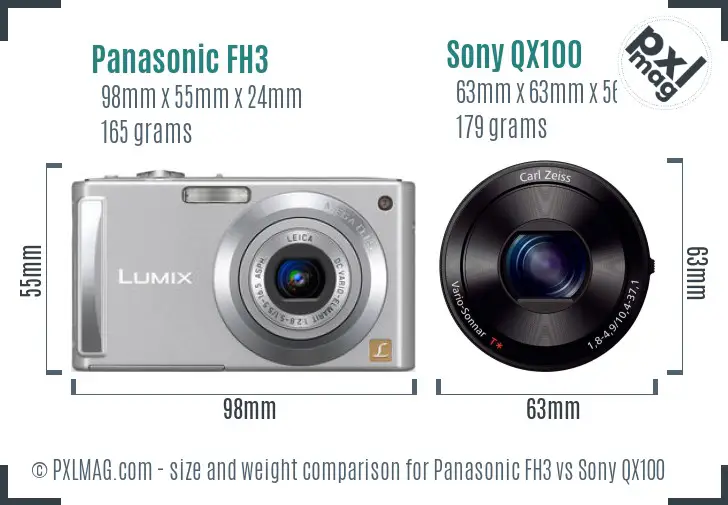 Panasonic FH3 vs Sony QX100 size comparison
