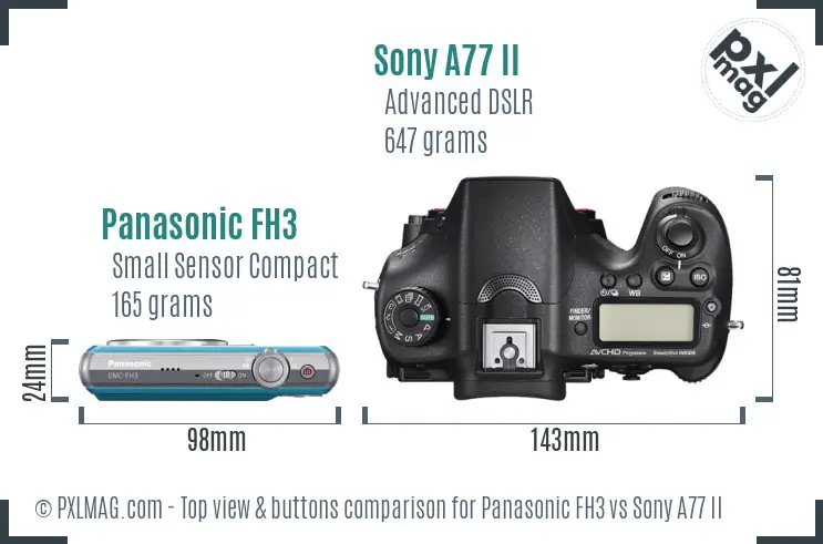 Panasonic FH3 vs Sony A77 II top view buttons comparison