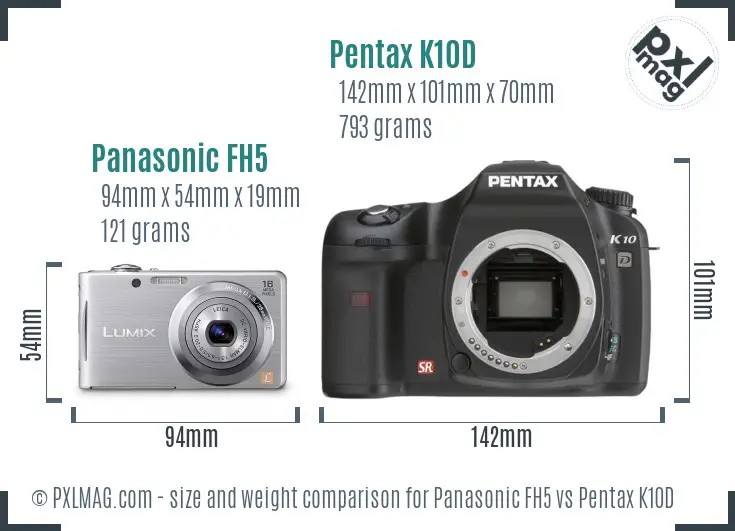 Panasonic FH5 vs Pentax K10D size comparison