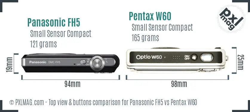 Panasonic FH5 vs Pentax W60 top view buttons comparison