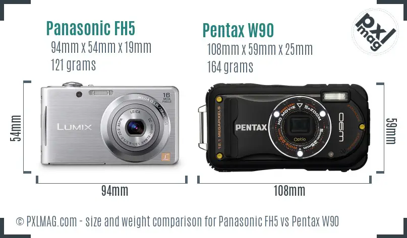 Panasonic FH5 vs Pentax W90 size comparison