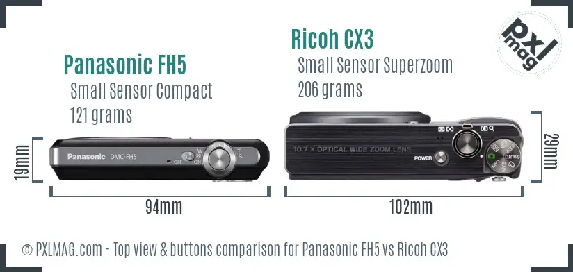Panasonic FH5 vs Ricoh CX3 top view buttons comparison Panasonic FH5 vs Ricoh CX3 top view buttons comparison