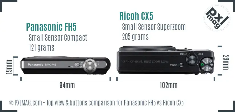 Panasonic FH5 vs Ricoh CX5 top view buttons comparison