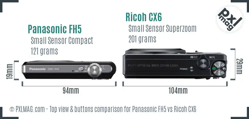 Panasonic FH5 vs Ricoh CX6 top view buttons comparison