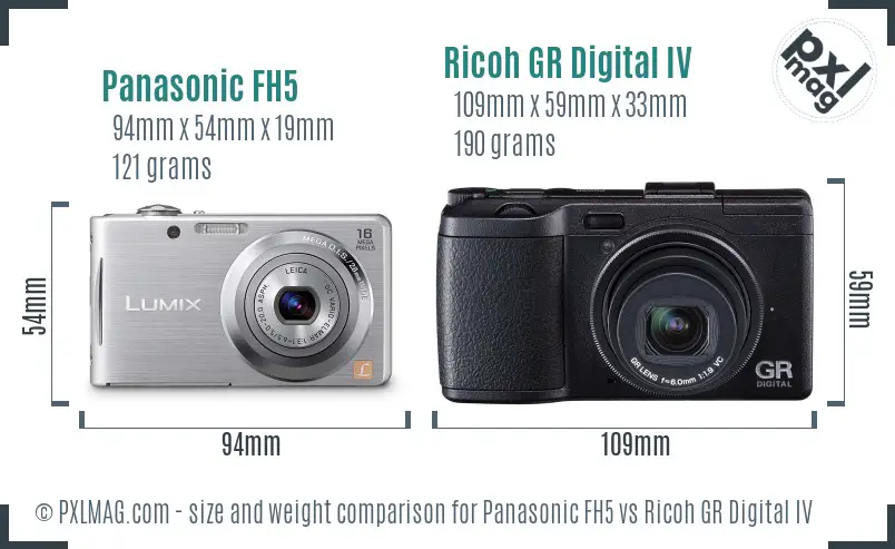 Panasonic FH5 vs Ricoh GR Digital IV size comparison
