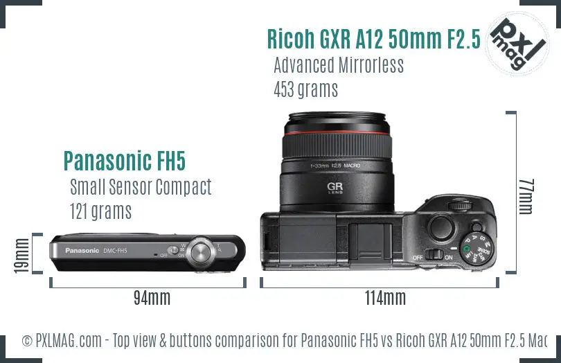 Panasonic FH5 vs Ricoh GXR A12 50mm F2.5 Macro top view buttons comparison Panasonic FH5 vs Ricoh GXR A12 50mm F2.5 Macro top view buttons comparison