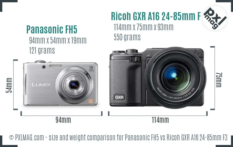 Panasonic FH5 vs Ricoh GXR A16 24-85mm F3.5-5.5 size comparison