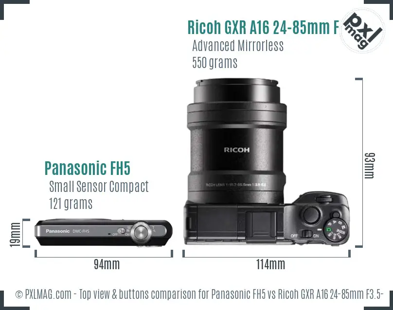 Panasonic FH5 vs Ricoh GXR A16 24-85mm F3.5-5.5 top view buttons comparison