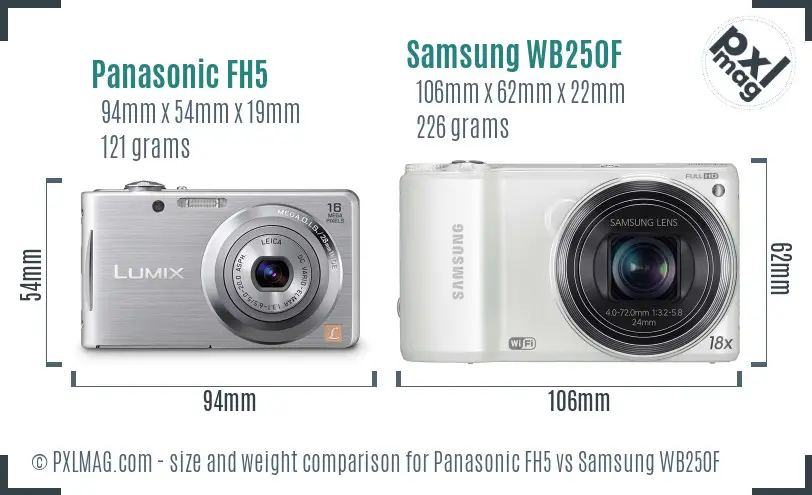 Panasonic FH5 vs Samsung WB250F size comparison