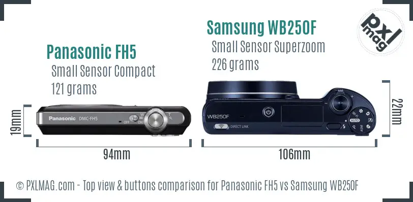 Panasonic FH5 vs Samsung WB250F top view buttons comparison