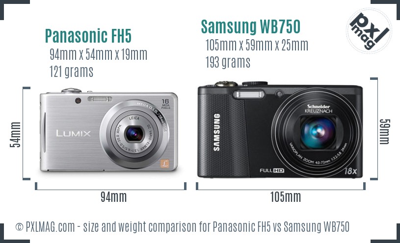 Panasonic FH5 vs Samsung WB750 size comparison