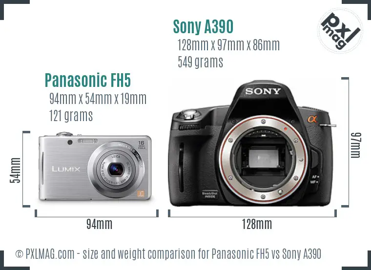 Panasonic FH5 vs Sony A390 size comparison