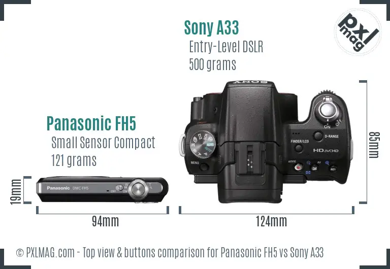 Panasonic FH5 vs Sony A33 top view buttons comparison Panasonic FH5 vs Sony A33 top view buttons comparison
