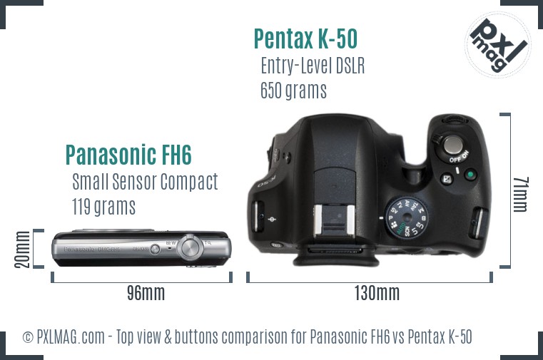 Panasonic FH6 vs Pentax K-50 top view buttons comparison