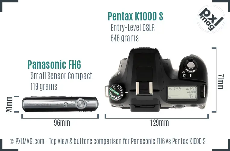Panasonic FH6 vs Pentax K100D S top view buttons comparison