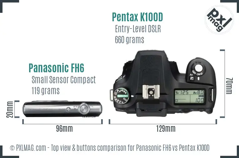 Panasonic FH6 vs Pentax K100D top view buttons comparison Panasonic FH6 vs Pentax K100D top view buttons comparison