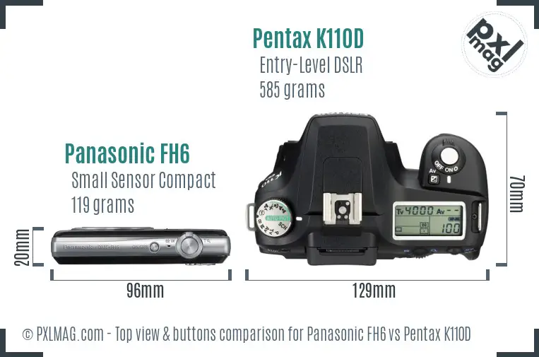 Panasonic FH6 vs Pentax K110D top view buttons comparison Panasonic FH6 vs Pentax K110D top view buttons comparison