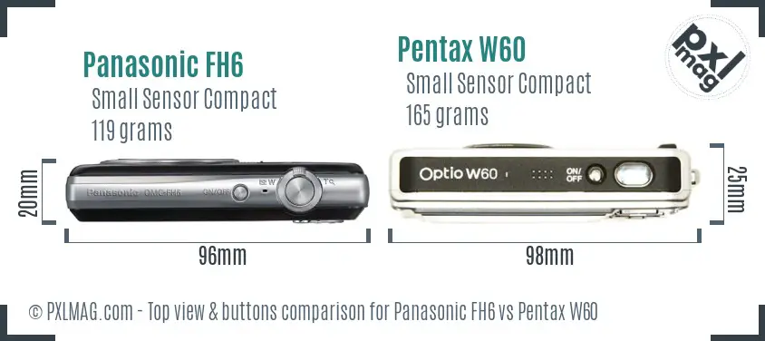 Panasonic FH6 vs Pentax W60 top view buttons comparison