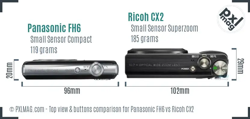 Panasonic FH6 vs Ricoh CX2 top view buttons comparison Panasonic FH6 vs Ricoh CX2 top view buttons comparison