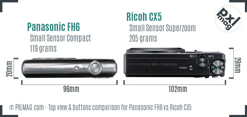 Panasonic FH6 vs Ricoh CX5 top view buttons comparison