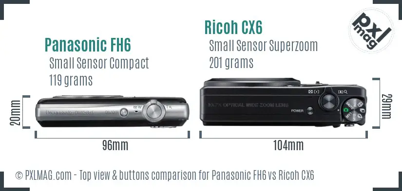 Panasonic FH6 vs Ricoh CX6 top view buttons comparison