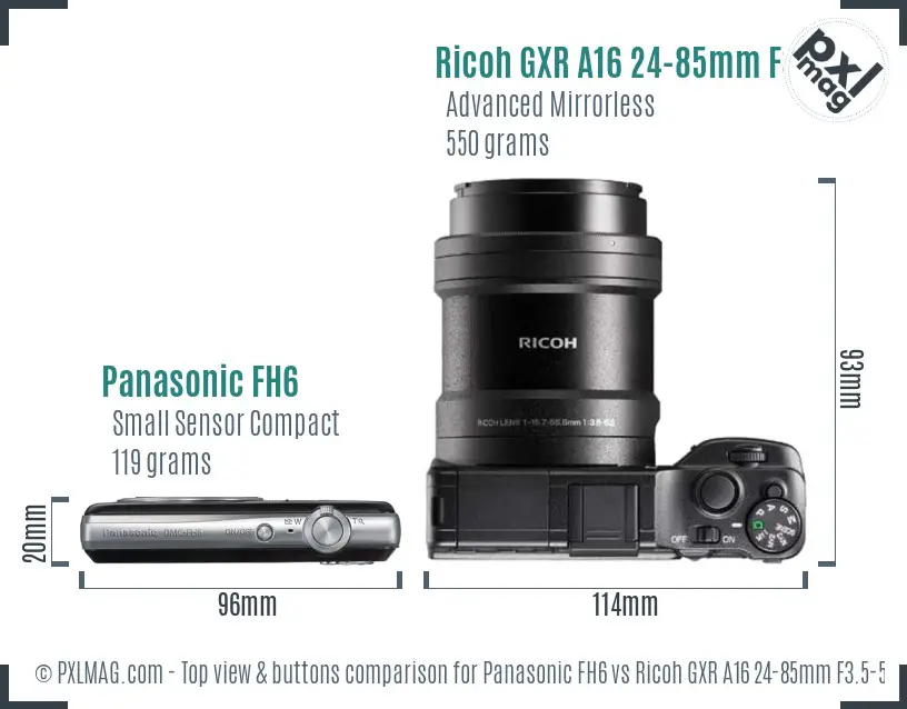 Panasonic FH6 vs Ricoh GXR A16 24-85mm F3.5-5.5 top view buttons comparison Panasonic FH6 vs Ricoh GXR A16 24-85mm F3.5-5.5 top view buttons comparison