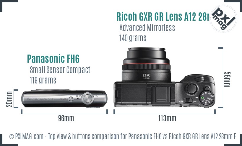 Panasonic FH6 vs Ricoh GXR GR Lens A12 28mm F2.5 top view buttons comparison