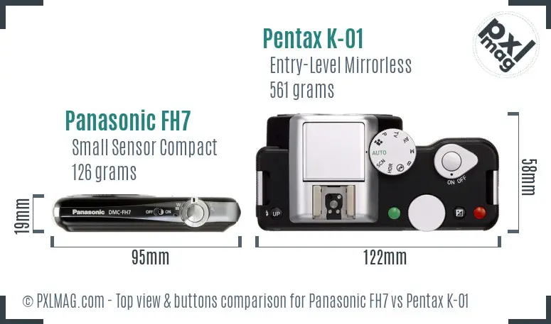 Panasonic FH7 vs Pentax K-01 top view buttons comparison