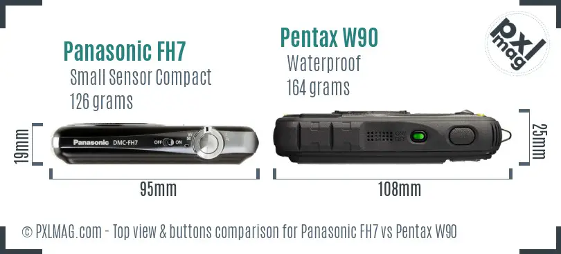 Panasonic FH7 vs Pentax W90 top view buttons comparison