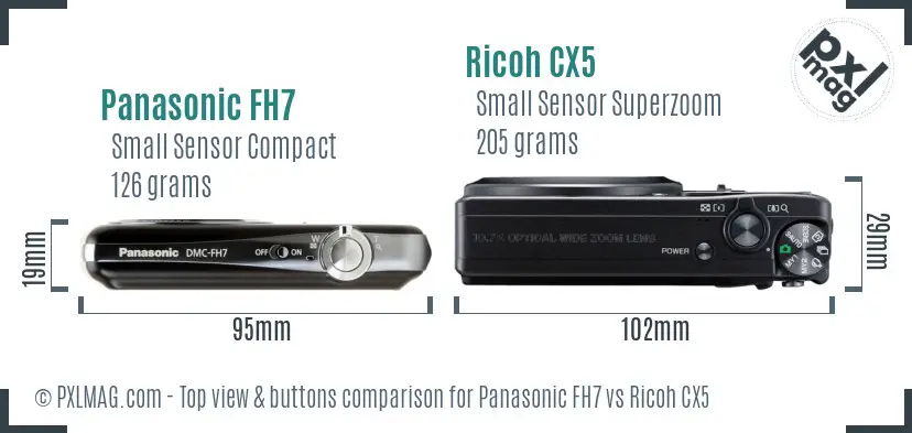 Panasonic FH7 vs Ricoh CX5 top view buttons comparison