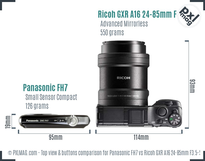 Panasonic FH7 vs Ricoh GXR A16 24-85mm F3.5-5.5 top view buttons comparison