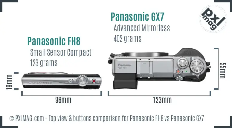 Panasonic FH8 vs Panasonic GX7 top view buttons comparison Panasonic FH8 vs Panasonic GX7 top view buttons comparison