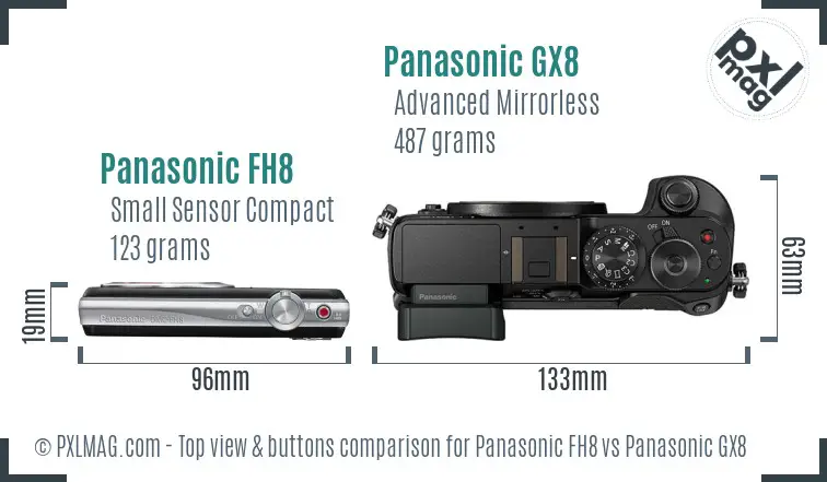 Panasonic FH8 vs Panasonic GX8 top view buttons comparison Panasonic FH8 vs Panasonic GX8 top view buttons comparison