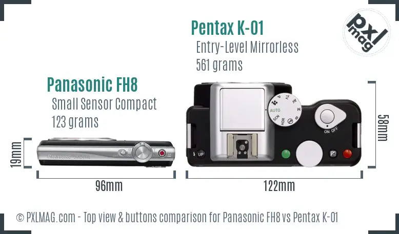 Panasonic FH8 vs Pentax K-01 top view buttons comparison