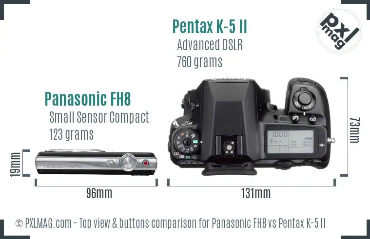 Panasonic FH8 vs Pentax K-5 II top view buttons comparison