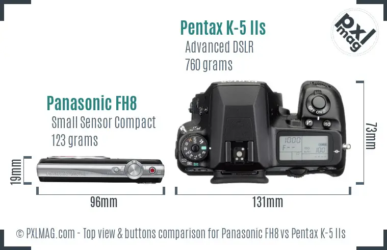 Panasonic FH8 vs Pentax K-5 IIs top view buttons comparison