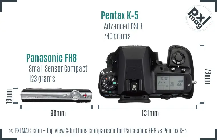 Panasonic FH8 vs Pentax K-5 top view buttons comparison