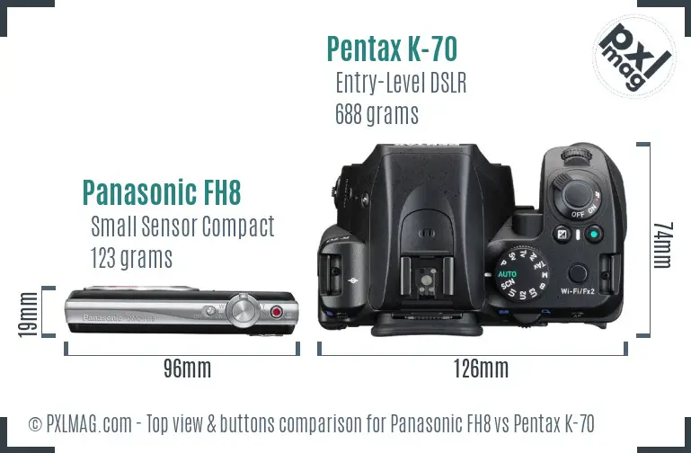 Panasonic FH8 vs Pentax K-70 top view buttons comparison