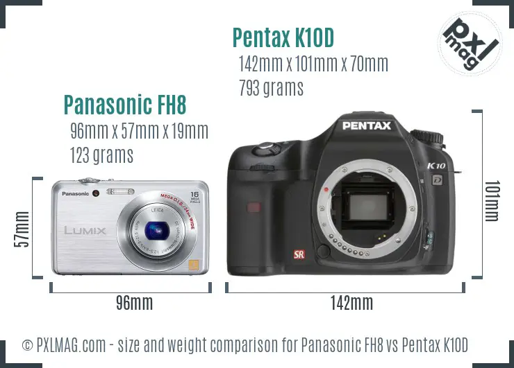Panasonic FH8 vs Pentax K10D size comparison
