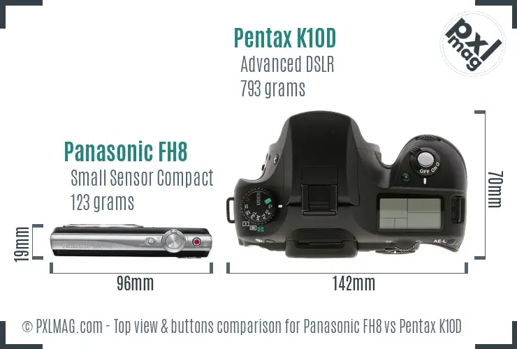 Panasonic FH8 vs Pentax K10D top view buttons comparison