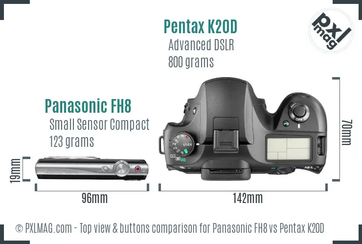 Panasonic FH8 vs Pentax K20D top view buttons comparison