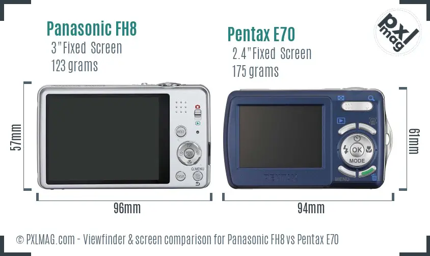 Panasonic FH8 vs Pentax E70 Screen and Viewfinder comparison
