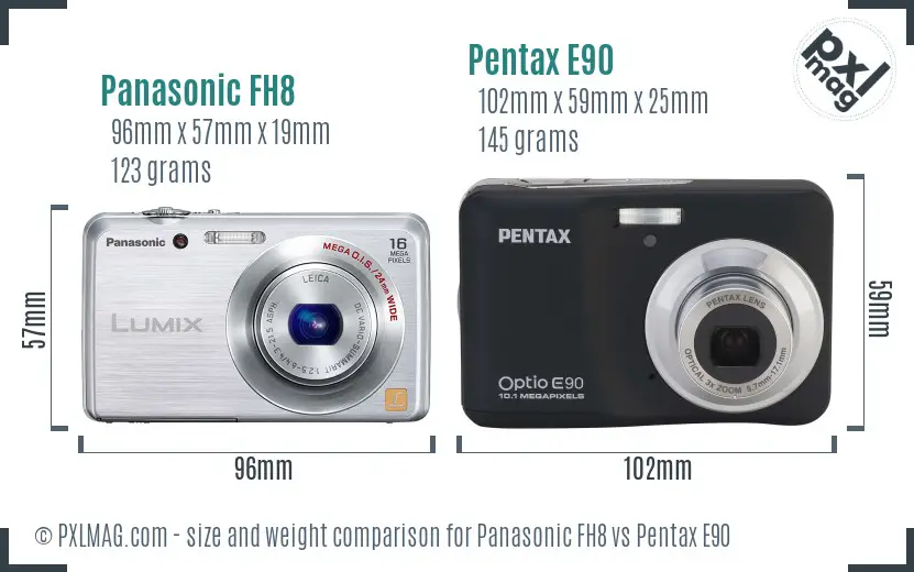 Panasonic FH8 vs Pentax E90 size comparison