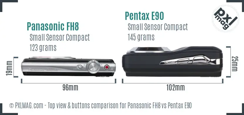 Panasonic FH8 vs Pentax E90 top view buttons comparison