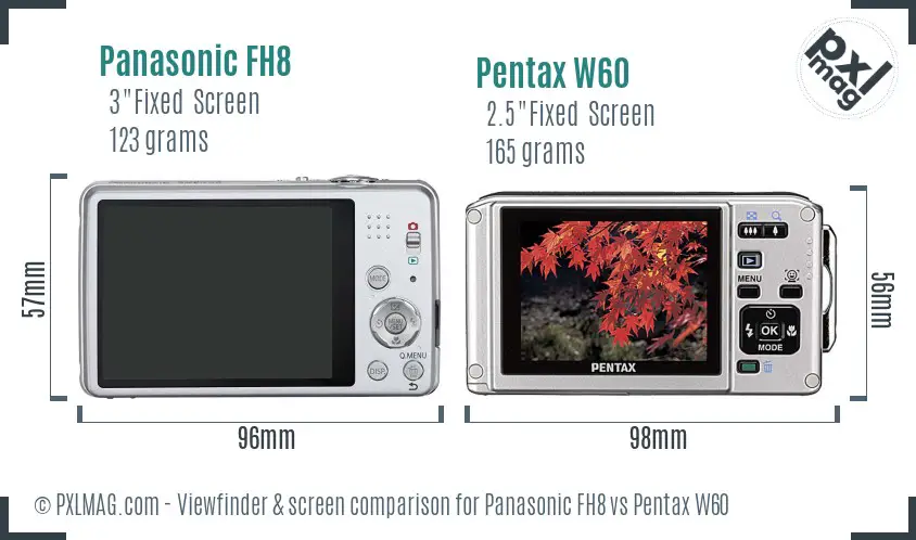 Panasonic FH8 vs Pentax W60 Screen and Viewfinder comparison