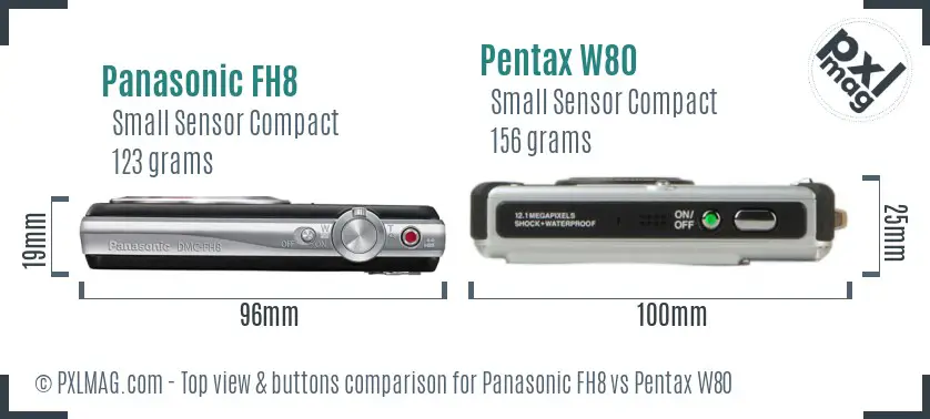 Panasonic FH8 vs Pentax W80 top view buttons comparison