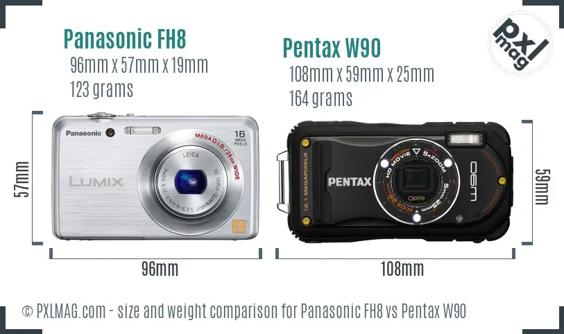 Panasonic FH8 vs Pentax W90 size comparison